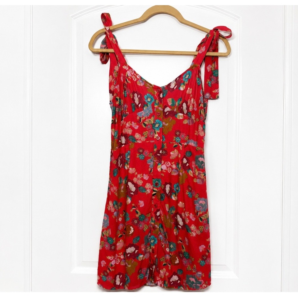 The Andamane Red Floral Tie Shoulder Button Front Mini Dress Womens Size M